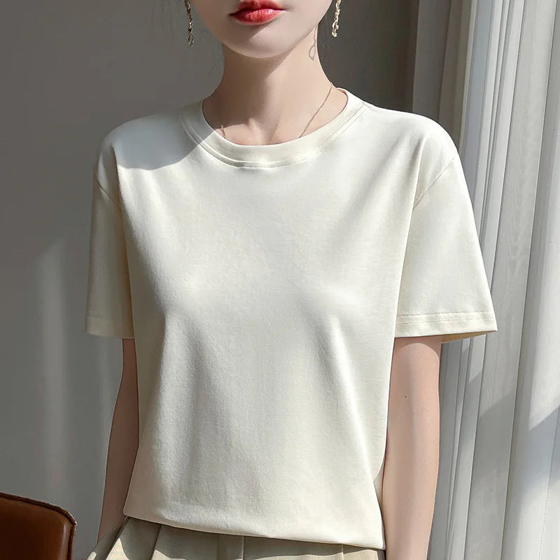 2025 Summer New Cotton Short Sleeve T-shirt Women's Round Neck Half Sleeve Mercerized Cotton Cool T-shirt