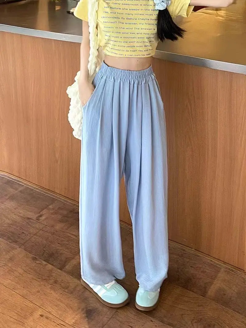 Summer Women Sweet Colorful Ice Silk Pants Lady Baggy Versatile Elastic Straight Leg Trousers Female Wide Leg High Waisted Pants