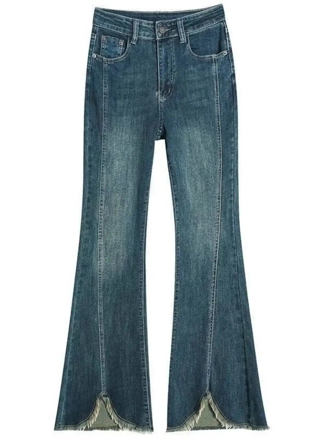 Women's High Waist Flared Jeans Vintage Blue Wash Bootcut Denim Pants Raw Hem Stretch Trousers