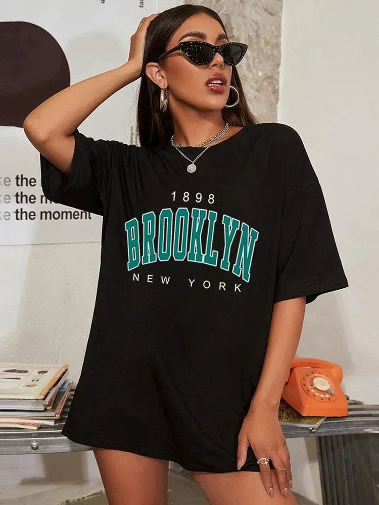 1898 Brooklyn York Letter Drop Shoulder Print T-Shirt Women Vintage Oversized T Shirt Simple Clothes Female Tshirt Y2K Top