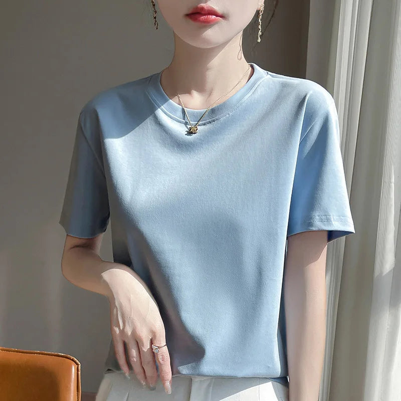 2025 Summer New Cotton Short Sleeve T-shirt Women's Round Neck Half Sleeve Mercerized Cotton Cool T-shirt