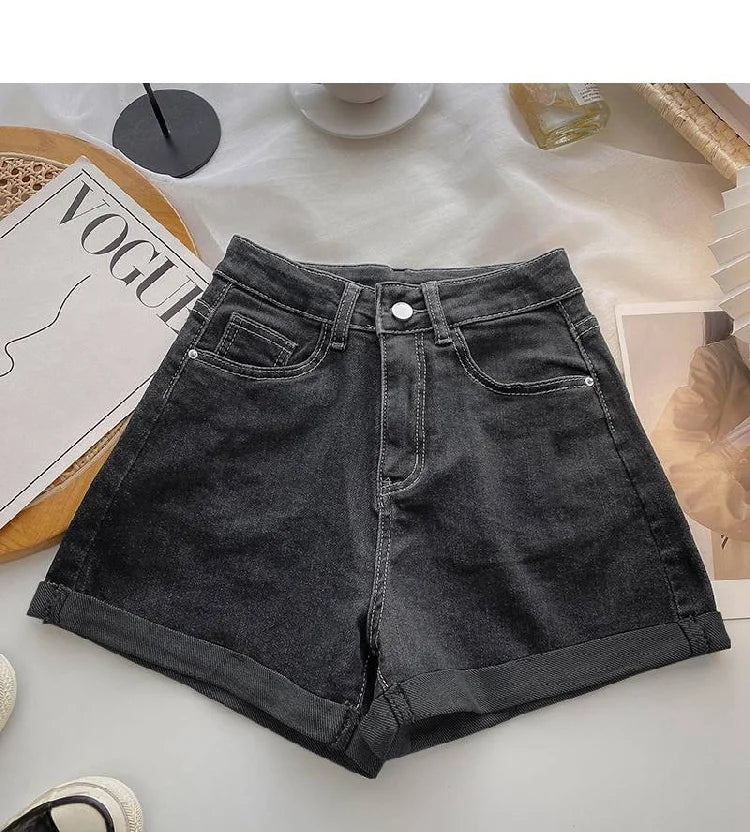 High Waist Wide Leg ort Jeans Women's Summer Loose Slimming Korean Sle A-Line Cuffed Casual Hot Pants Blue Denim