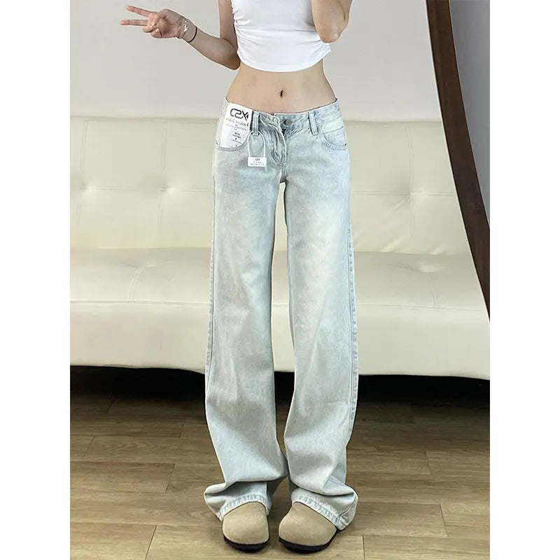 Women Jeans Straight Wide Leg Vintage Light Wash Low Rise Petite Summer Lightweight Slim Fit Denim American Latest Womens Pants