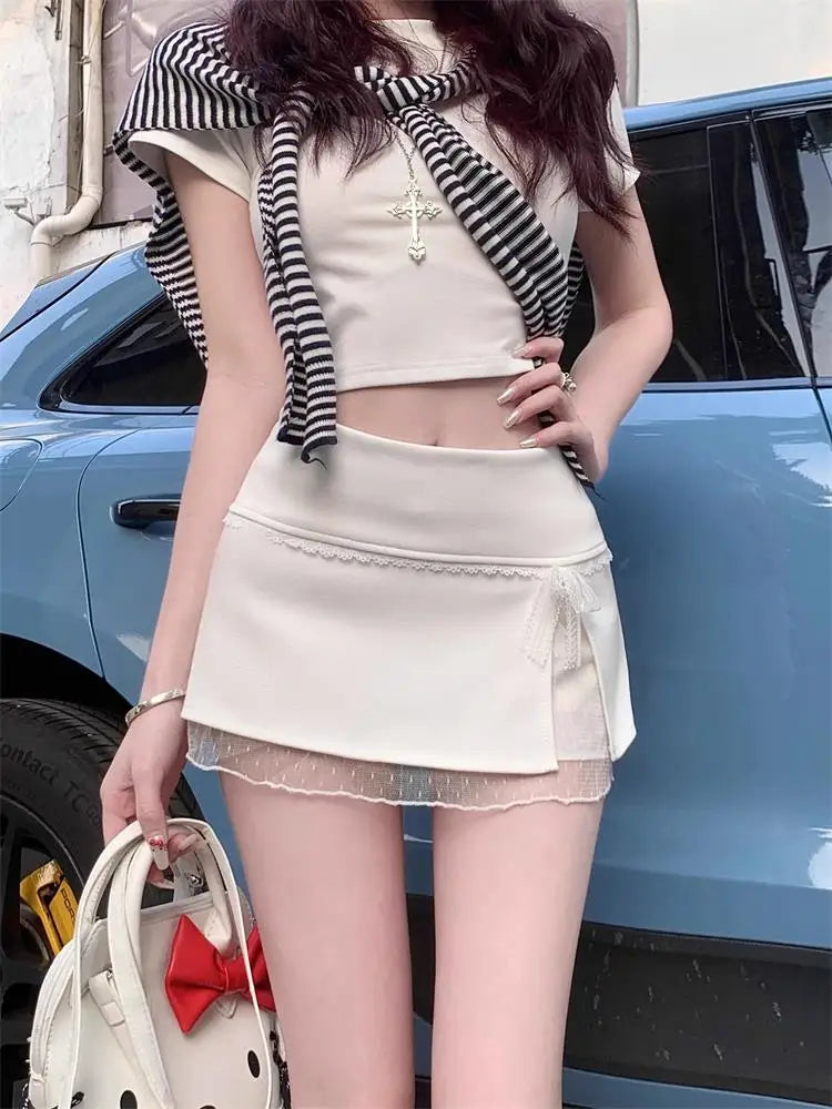 Cute Bow Lace Mini Skirt Women Microskirts Low Rise Side Slit A Line Short Skirtwith Built-in Shorts Kawaii Coquette Y2K e-Girl