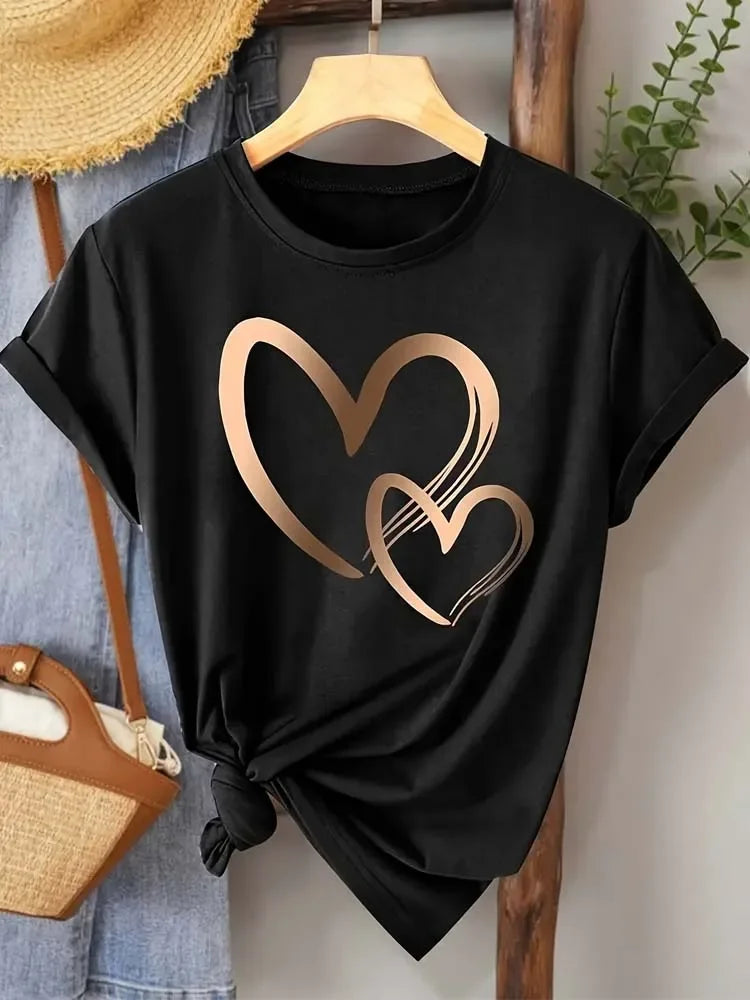 Summer New Fashion Women's Heart Printed T-shirt Trendy Casual Round Neck Top Short Sleeves Women T-shirt Women Clothing