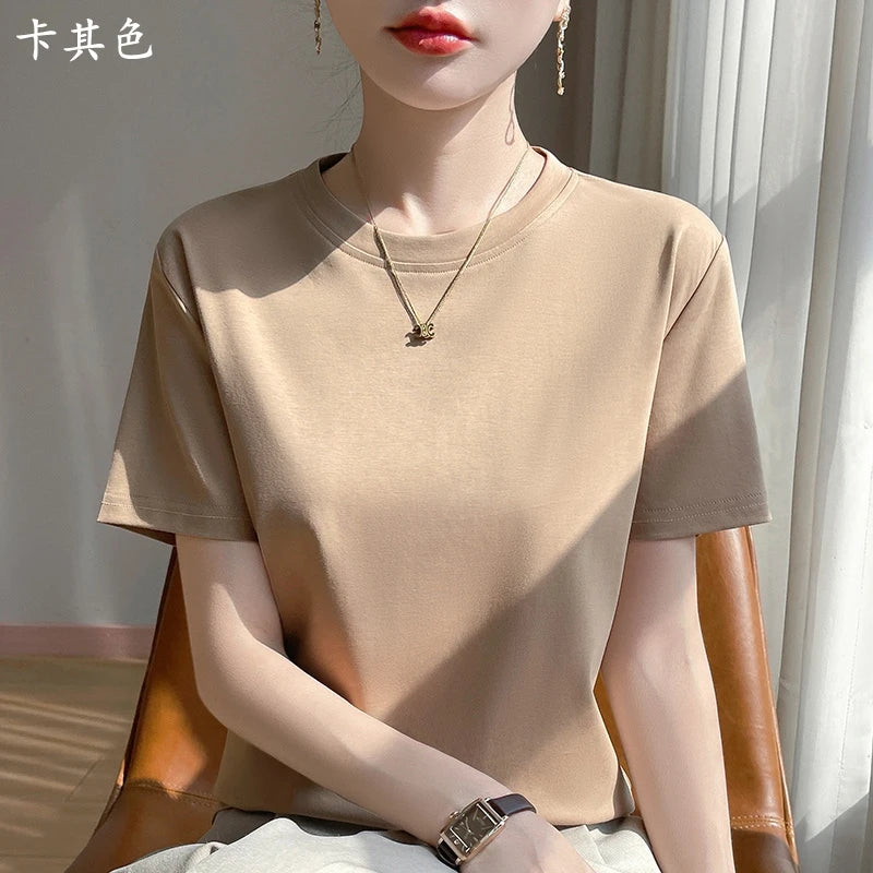 2025 Summer New Cotton Short Sleeve T-shirt Women's Round Neck Half Sleeve Mercerized Cotton Cool T-shirt