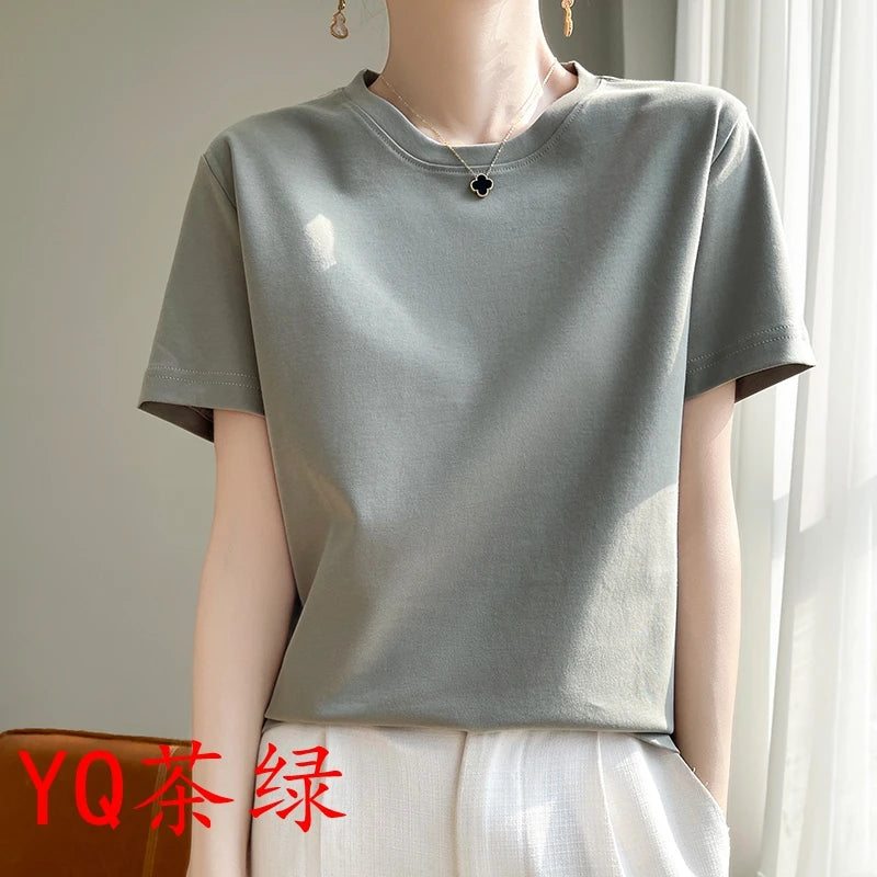 2025 Summer New Cotton Short Sleeve T-shirt Women's Round Neck Half Sleeve Mercerized Cotton Cool T-shirt