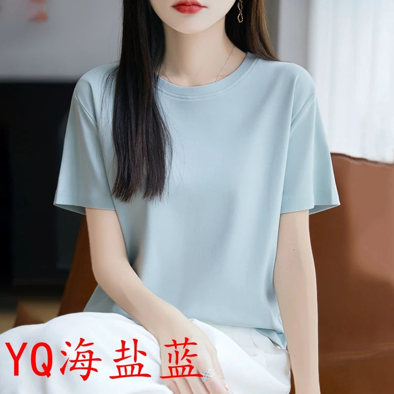 2025 Summer New Cotton Short Sleeve T-shirt Women's Round Neck Half Sleeve Mercerized Cotton Cool T-shirt