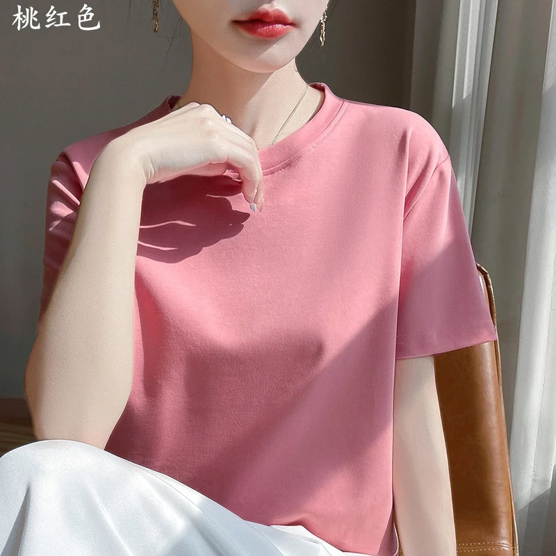 2025 Summer New Cotton Short Sleeve T-shirt Women's Round Neck Half Sleeve Mercerized Cotton Cool T-shirt