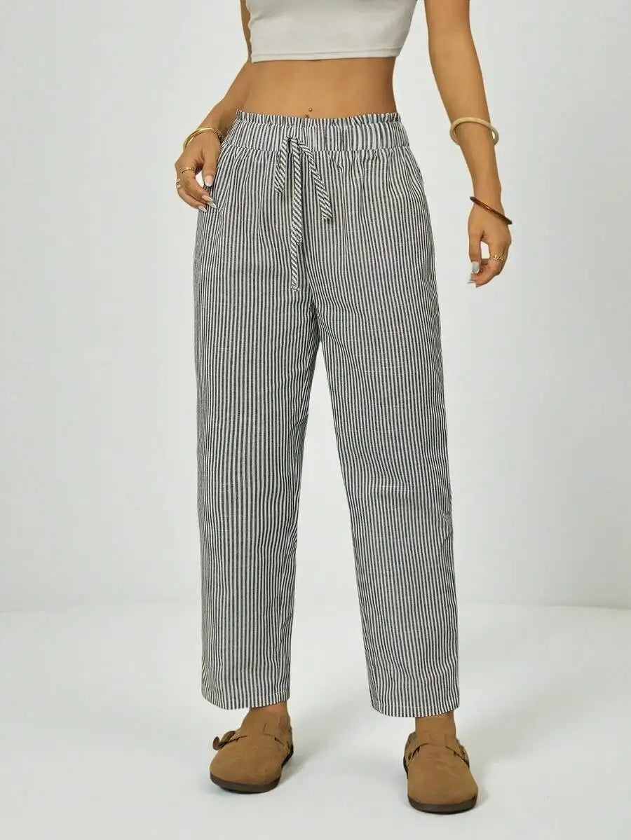 Striped Ruffle Waist Straight Leg Crop Pants Casual Boho Trousers Women