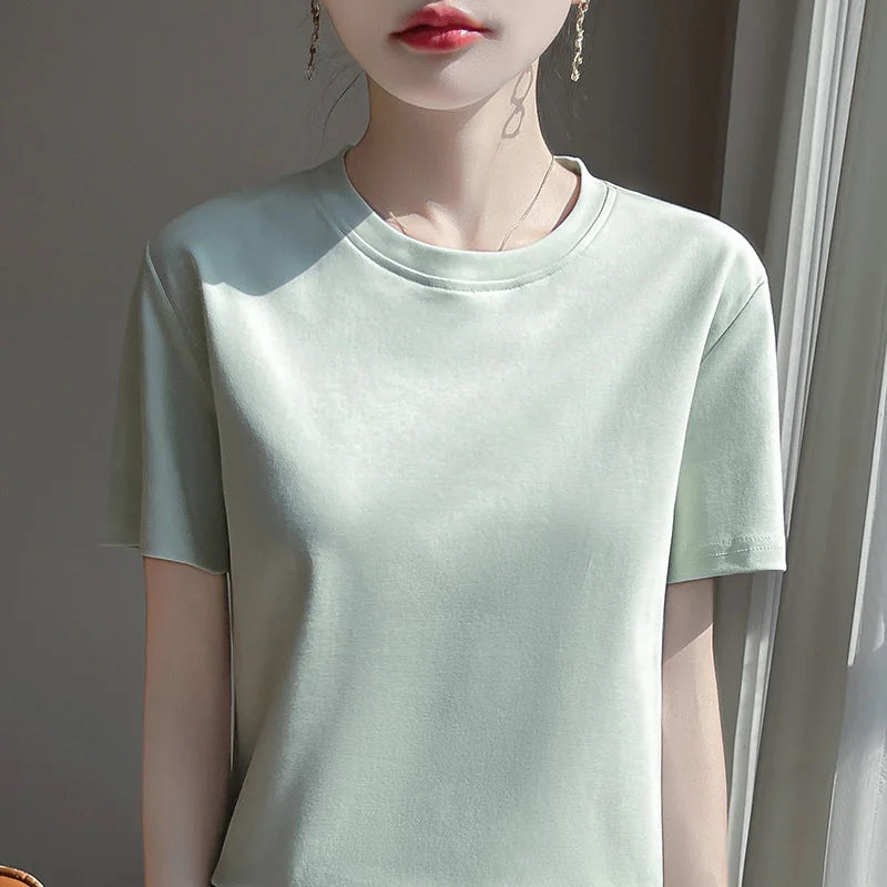 2025 Summer New Cotton Short Sleeve T-shirt Women's Round Neck Half Sleeve Mercerized Cotton Cool T-shirt