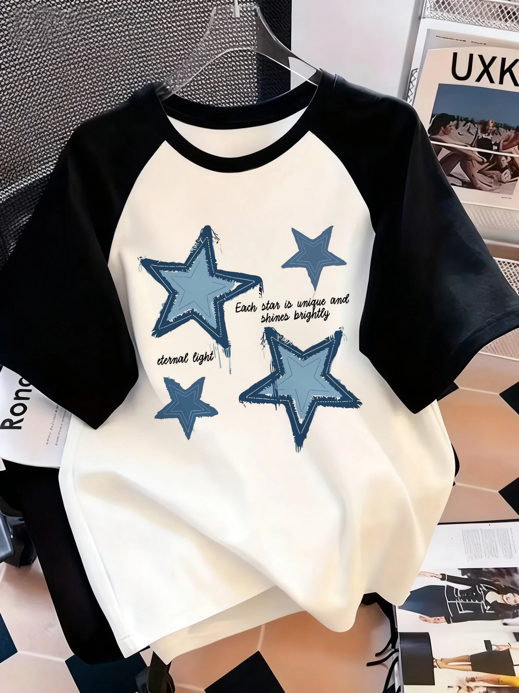 Y2K Hip Hop Blue Star Print Letter Print Crew Neck T-Shirt Casual Short Sleeve Top for Spring Summer Women's Clothing
