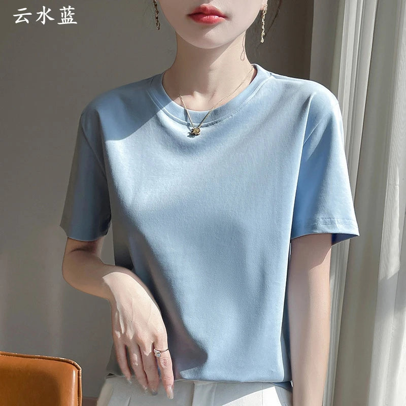 2025 Summer New Cotton Short Sleeve T-shirt Women's Round Neck Half Sleeve Mercerized Cotton Cool T-shirt