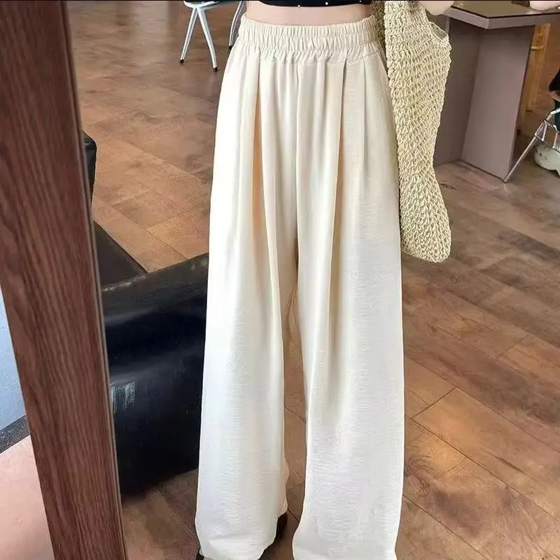 Casual Summer Ice Silk Wide Leg Pants Women's Floor-Length Draping Slimming Long Trousers Design Sense Polyester Satin