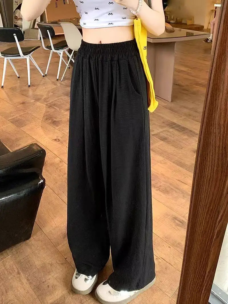 Summer Women Sweet Colorful Ice Silk Pants Lady Baggy Versatile Elastic Straight Leg Trousers Female Wide Leg High Waisted Pants