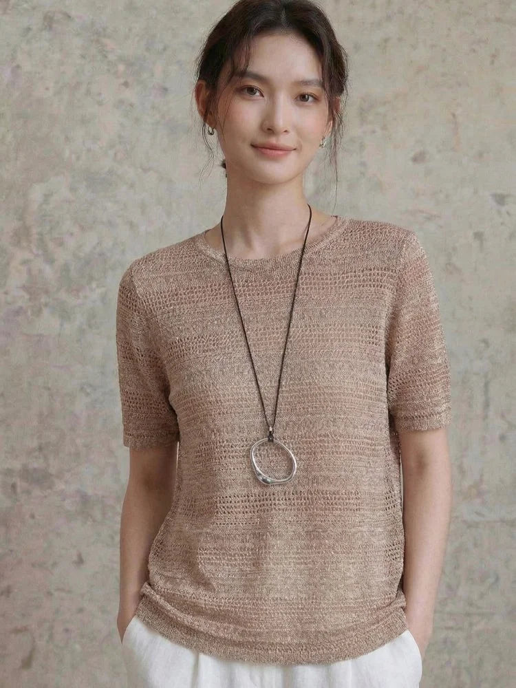 Round neck hollow knitted sweater short sleeved women's summer new European half sleeved thin breathable T-shirt top