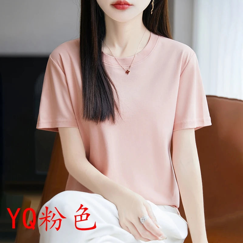 2025 Summer New Cotton Short Sleeve T-shirt Women's Round Neck Half Sleeve Mercerized Cotton Cool T-shirt