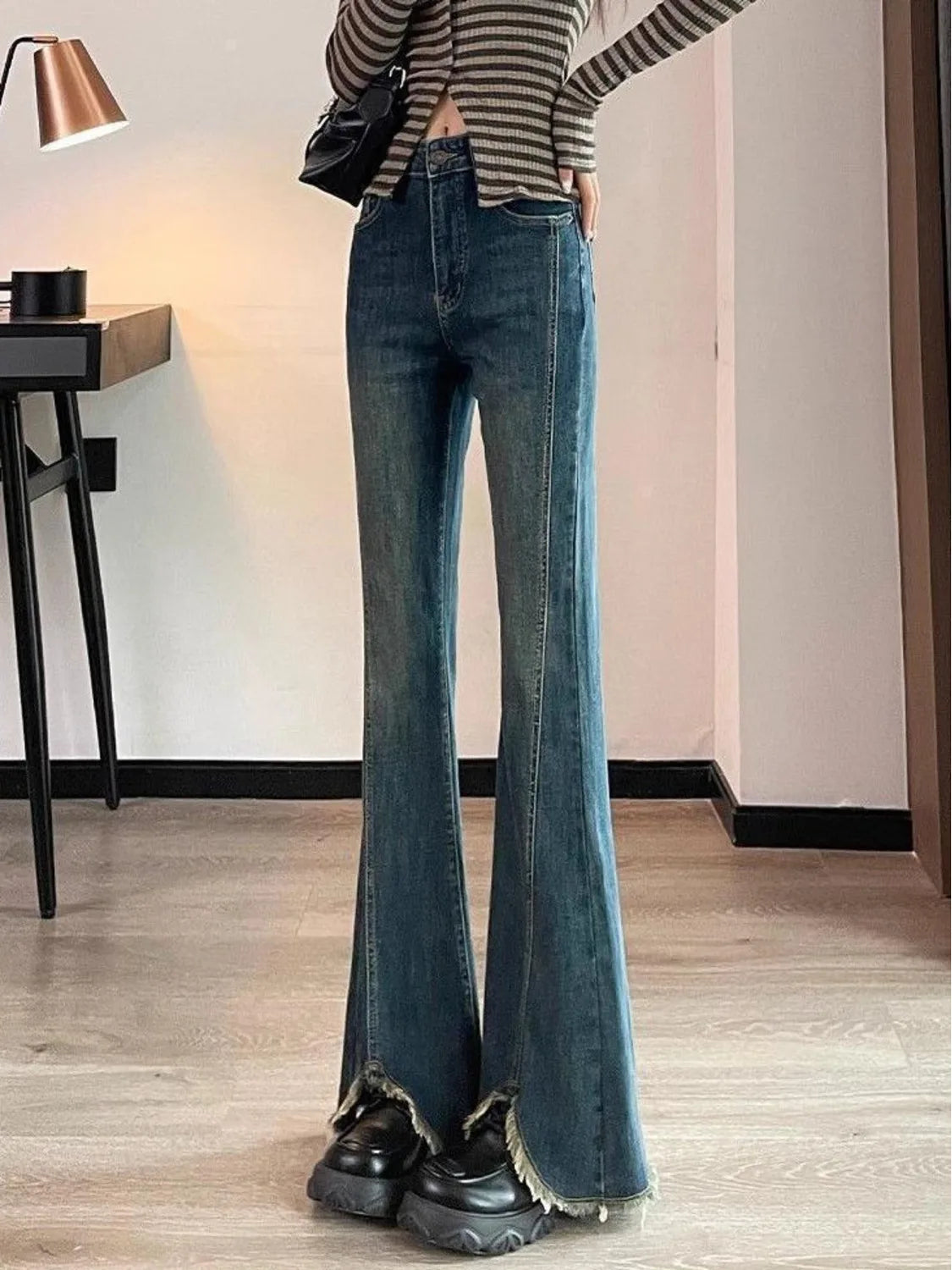 Women's High Waist Flared Jeans Vintage Blue Wash Bootcut Denim Pants Raw Hem Stretch Trousers