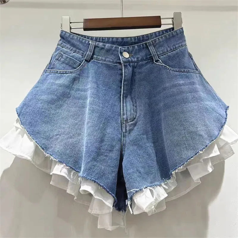 Fashion 2025 Summer New Collection Multi Layer Ruffles Patchwork Light Blue Wide Leg Denim Shorts Women High-waist Short Jeans