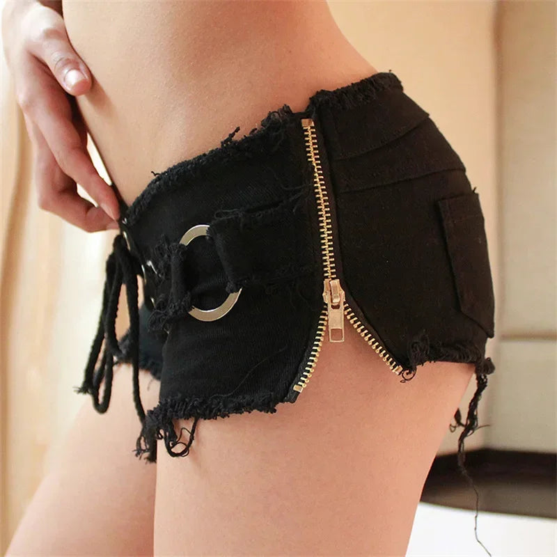 Women Side Zipper Splice Denim Shorts Lace-up Open Crotch Ultra-short Trousers Casual Three Quarter Pants Female Sexy Streetwear