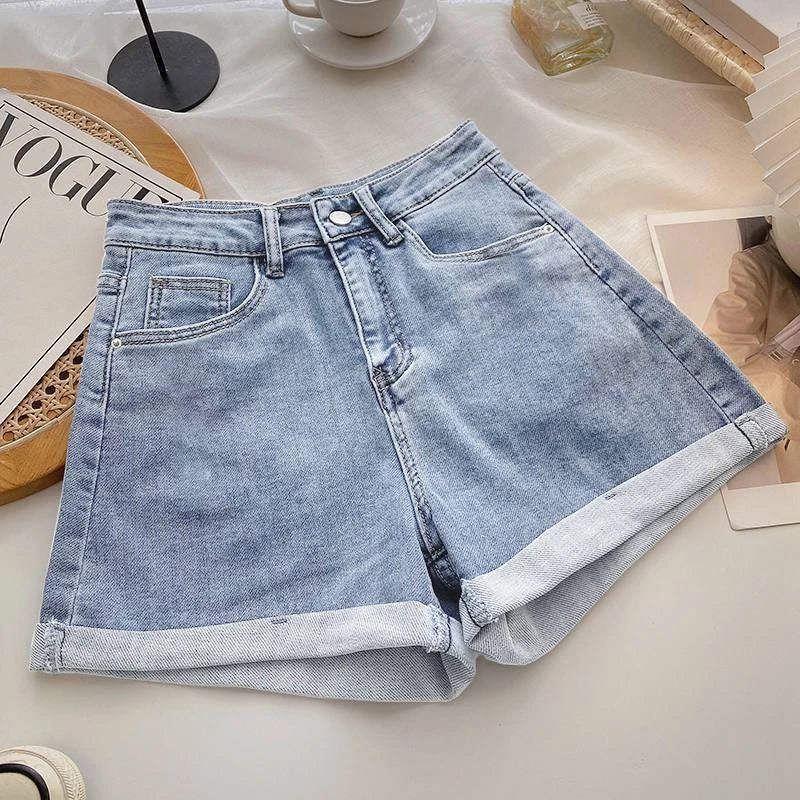 High Waist Wide Leg ort Jeans Women's Summer Loose Slimming Korean Sle A-Line Cuffed Casual Hot Pants Blue Denim