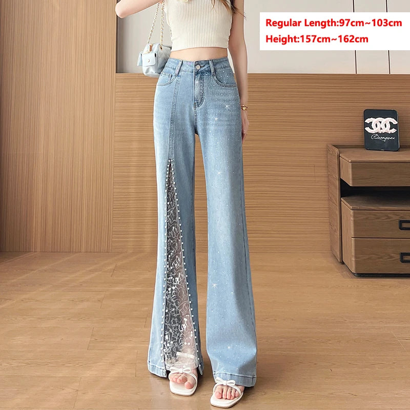 Women's Rhinestone & Beaded Split Flare Jeans High Waist Stretchy Black Denim Pants Lace Mesh See-Through Party Trousers Vintage