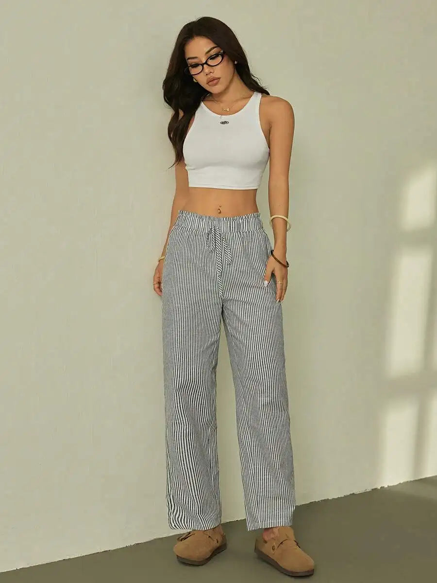 Striped Ruffle Waist Straight Leg Crop Pants Casual Boho Trousers Women