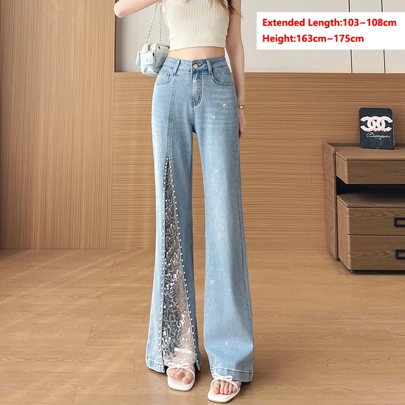Women's Rhinestone & Beaded Split Flare Jeans High Waist Stretchy Black Denim Pants Lace Mesh See-Through Party Trousers Vintage