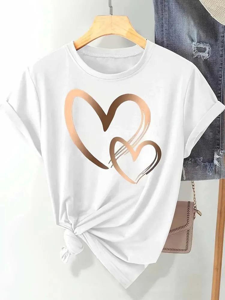 Summer New Fashion Women's Heart Printed T-shirt Trendy Casual Round Neck Top Short Sleeves Women T-shirt Women Clothing
