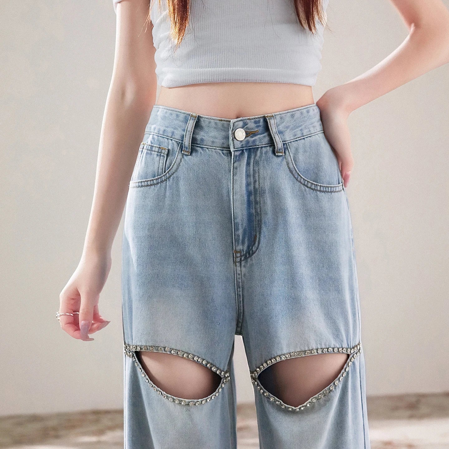 Chic Women Hollowed Out Diamonds Beaded Holes Jeans Rhinestones Straight Denim Pants Crystals Cowboy Trousers Loose Pantalones