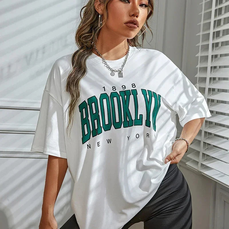 1898 Brooklyn York Letter Drop Shoulder Print T-Shirt Women Vintage Oversized T Shirt Simple Clothes Female Tshirt Y2K Top