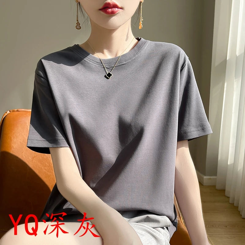 2025 Summer New Cotton Short Sleeve T-shirt Women's Round Neck Half Sleeve Mercerized Cotton Cool T-shirt