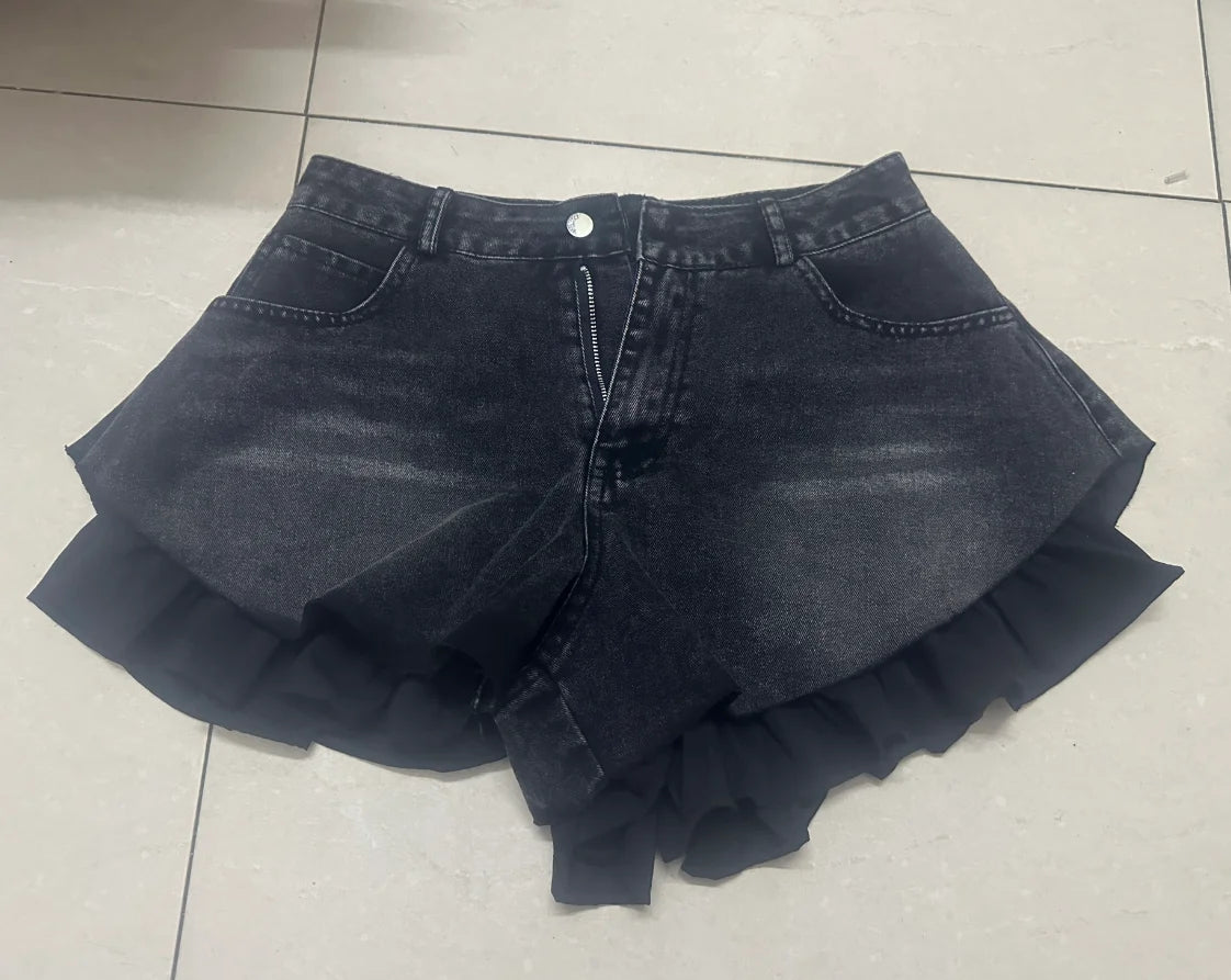 Fashion 2025 Summer New Collection Multi Layer Ruffles Patchwork Light Blue Wide Leg Denim Shorts Women High-waist Short Jeans
