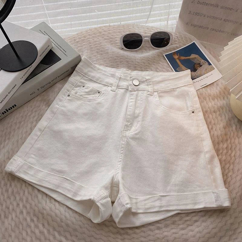 High Waist Wide Leg ort Jeans Women's Summer Loose Slimming Korean Sle A-Line Cuffed Casual Hot Pants Blue Denim