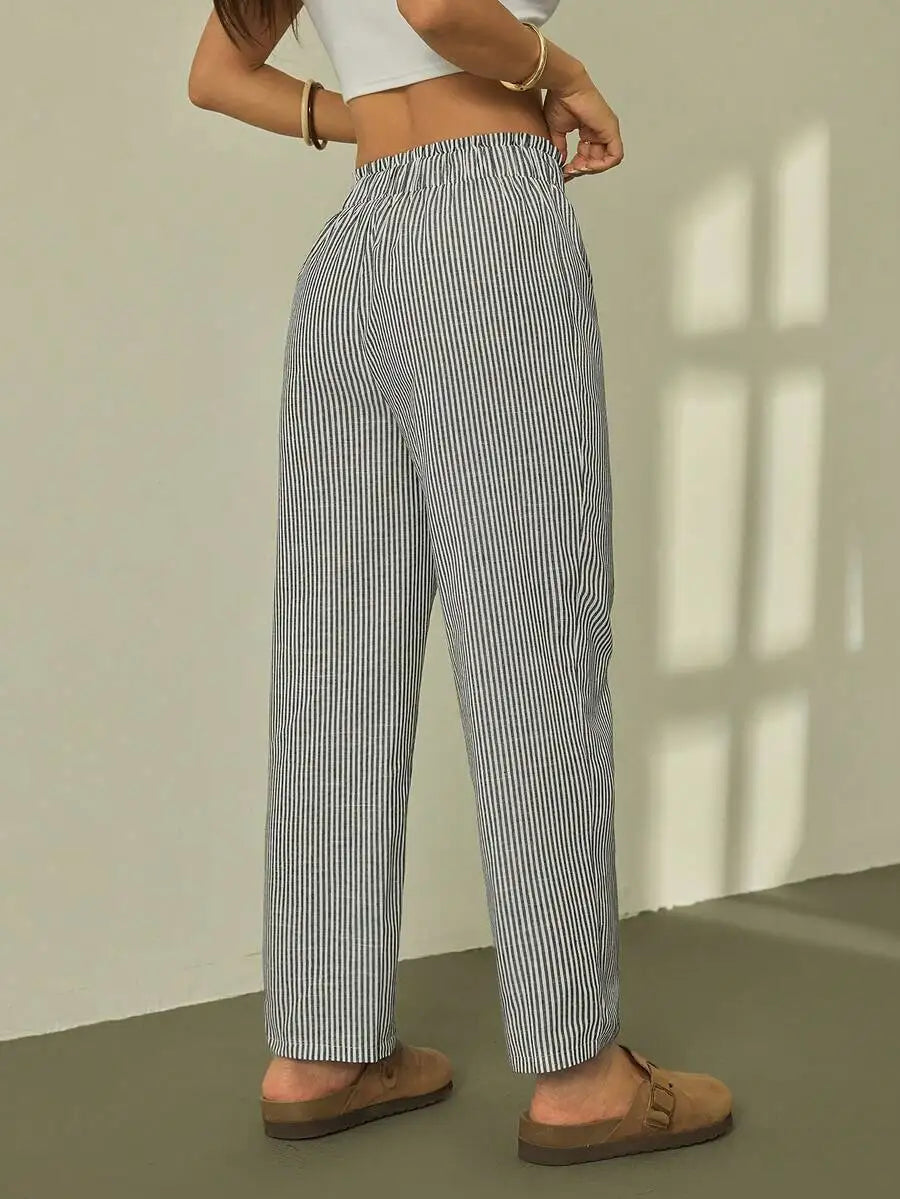 Striped Ruffle Waist Straight Leg Crop Pants Casual Boho Trousers Women