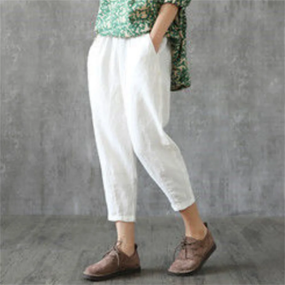 Womens Cotton Linen Cropped Pants Loose Fit Wide Leg Capri Casual Plus Size Elastic Waist Trousers Capris