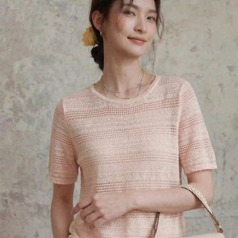 Round neck hollow knitted sweater short sleeved women's summer new European half sleeved thin breathable T-shirt top