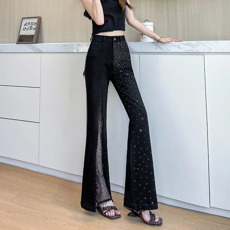 Women's Rhinestone & Beaded Split Flare Jeans High Waist Stretchy Black Denim Pants Lace Mesh See-Through Party Trousers Vintage