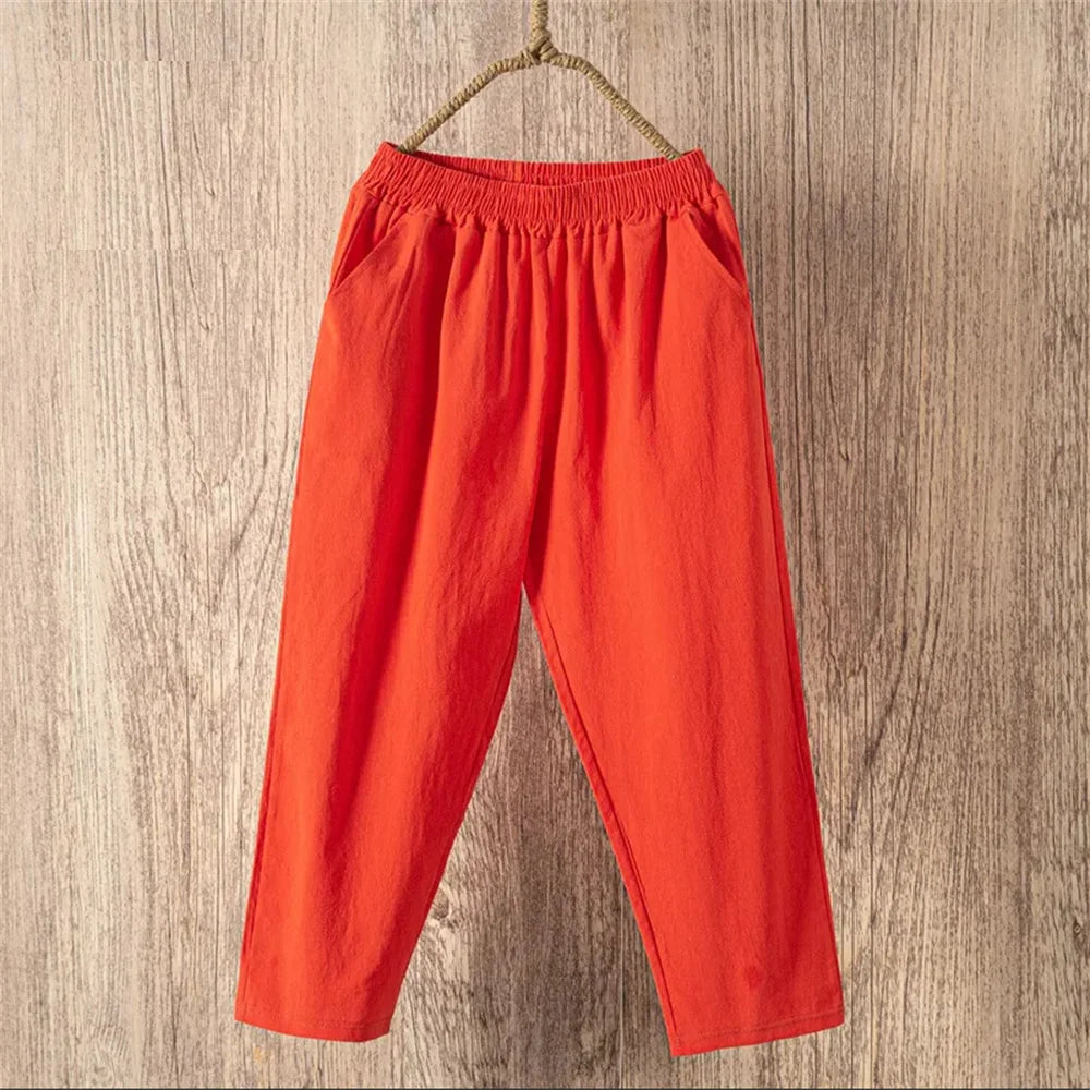 Womens Cotton Linen Cropped Pants Loose Fit Wide Leg Capri Casual Plus Size Elastic Waist Trousers Capris