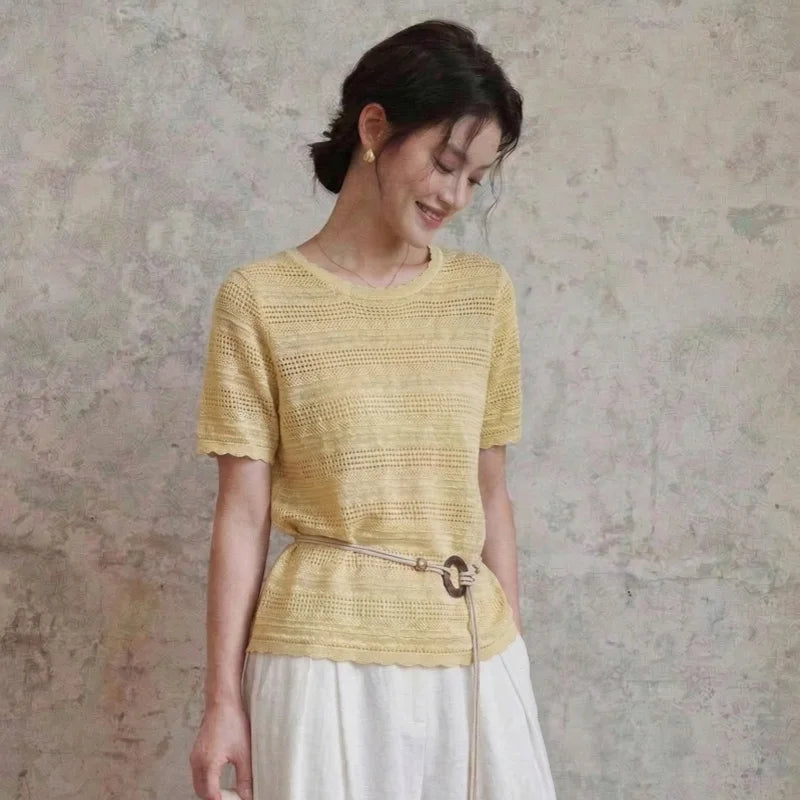 Round neck hollow knitted sweater short sleeved women's summer new European half sleeved thin breathable T-shirt top