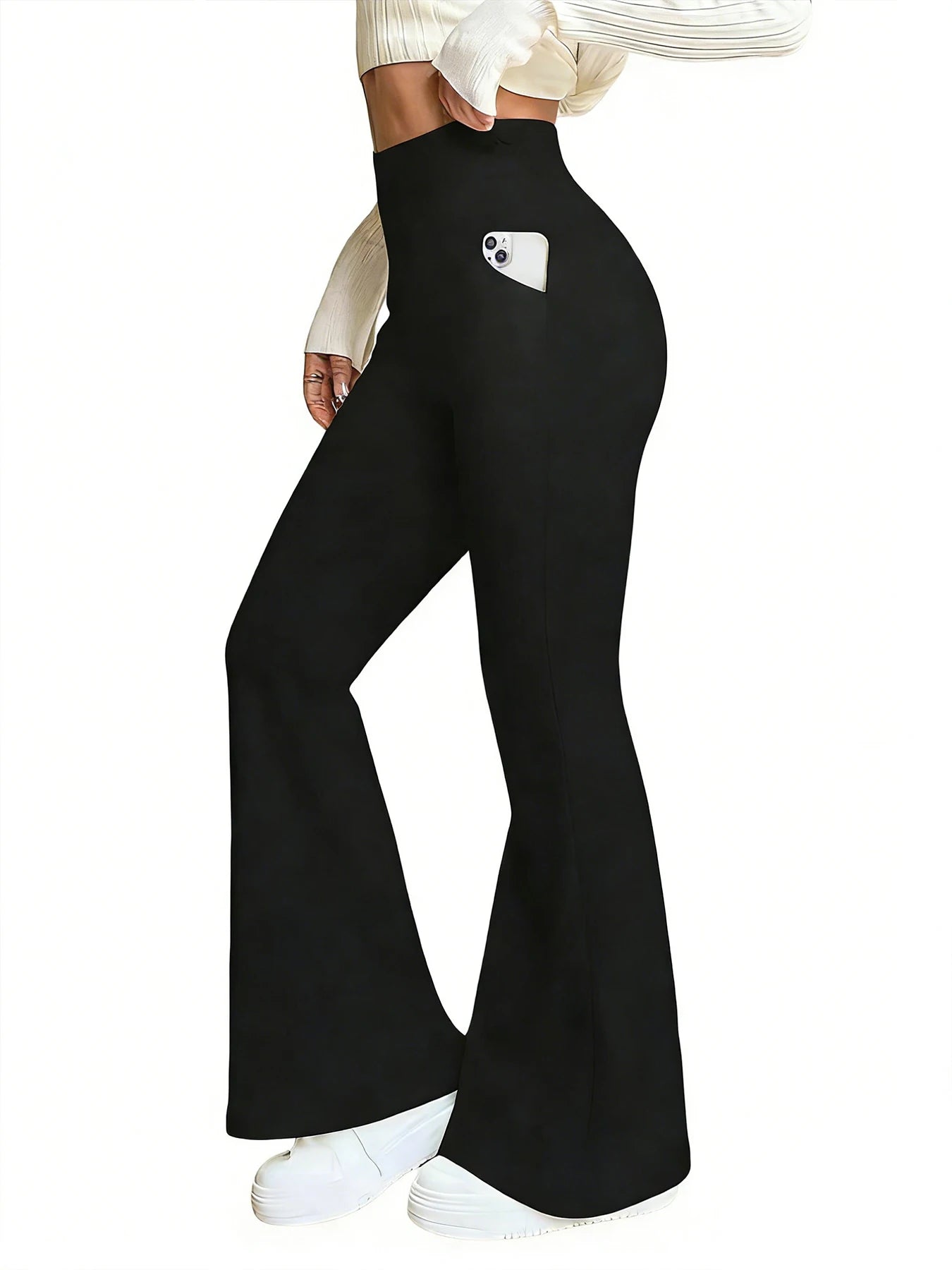 Women's Black High-Waisted Flared Pants - Soft Elastic Trousers with Pockets, Comfortable Fit, Elegant, Casual Wear no fleece