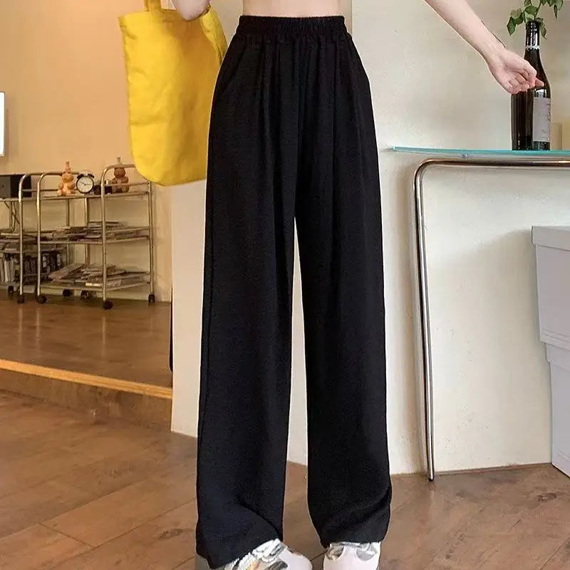 Summer Women Sweet Colorful Ice Silk Pants Lady Baggy Versatile Elastic Straight Leg Trousers Female Wide Leg High Waisted Pants