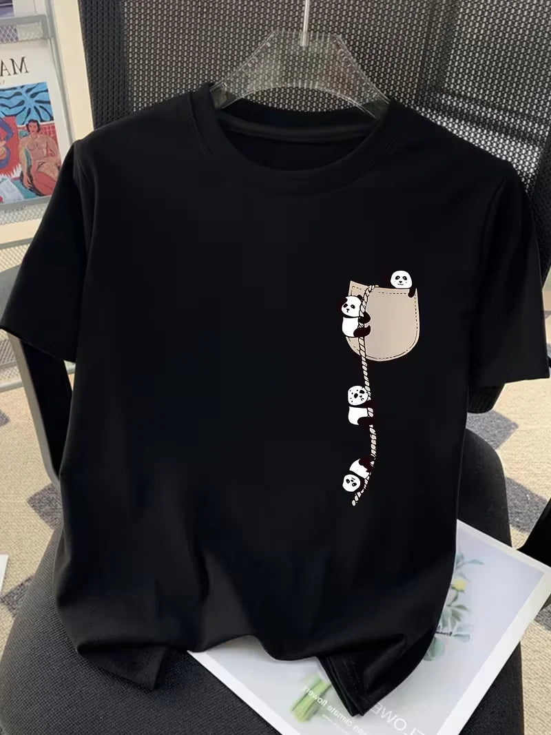 Women Oversized Panda Print Short Sleeve Tee 2026 New Summer Casual Loose Daily Wear Streetwear Round Neck Top