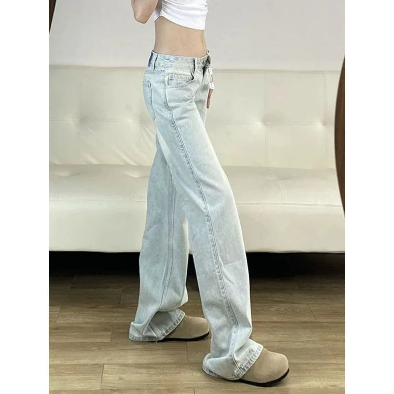 Women Jeans Straight Wide Leg Vintage Light Wash Low Rise Petite Summer Lightweight Slim Fit Denim American Latest Womens Pants
