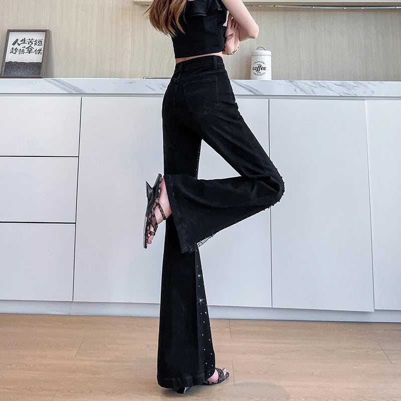 Women's Rhinestone & Beaded Split Flare Jeans High Waist Stretchy Black Denim Pants Lace Mesh See-Through Party Trousers Vintage