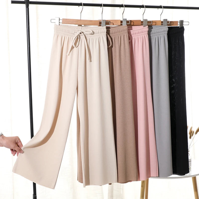 Slacks Women's Loose Summer Pants Soft Ice Silk Ankle-Length Black Wide Leg Pants Grey Khaki Women High Waisted Trousers 2026