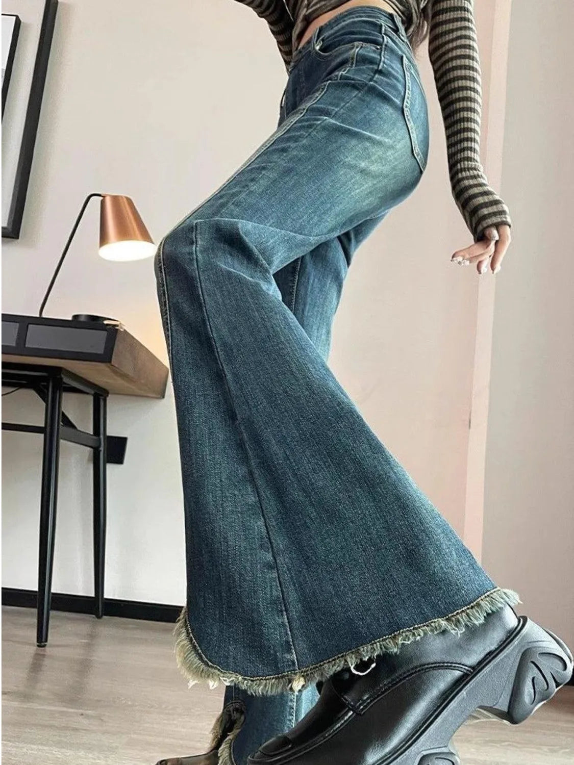 Women's High Waist Flared Jeans Vintage Blue Wash Bootcut Denim Pants Raw Hem Stretch Trousers