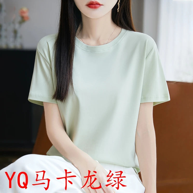 2025 Summer New Cotton Short Sleeve T-shirt Women's Round Neck Half Sleeve Mercerized Cotton Cool T-shirt