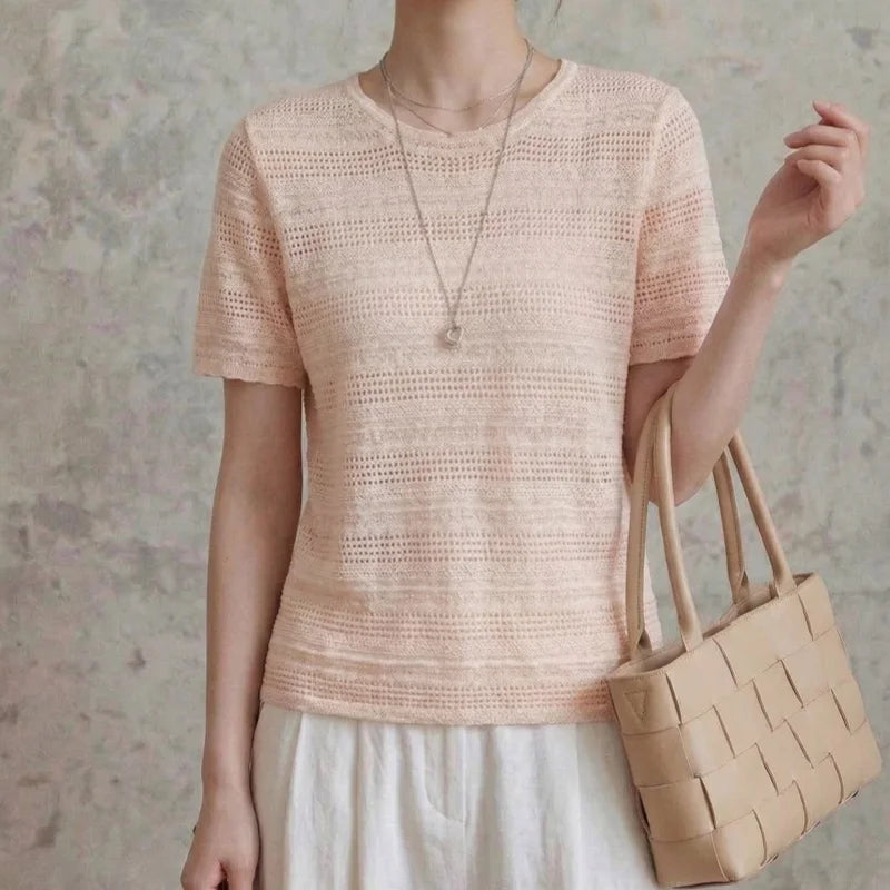 Round neck hollow knitted sweater short sleeved women's summer new European half sleeved thin breathable T-shirt top
