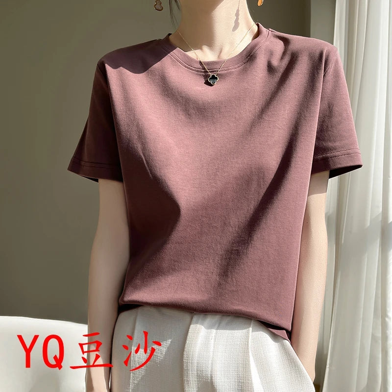 2025 Summer New Cotton Short Sleeve T-shirt Women's Round Neck Half Sleeve Mercerized Cotton Cool T-shirt